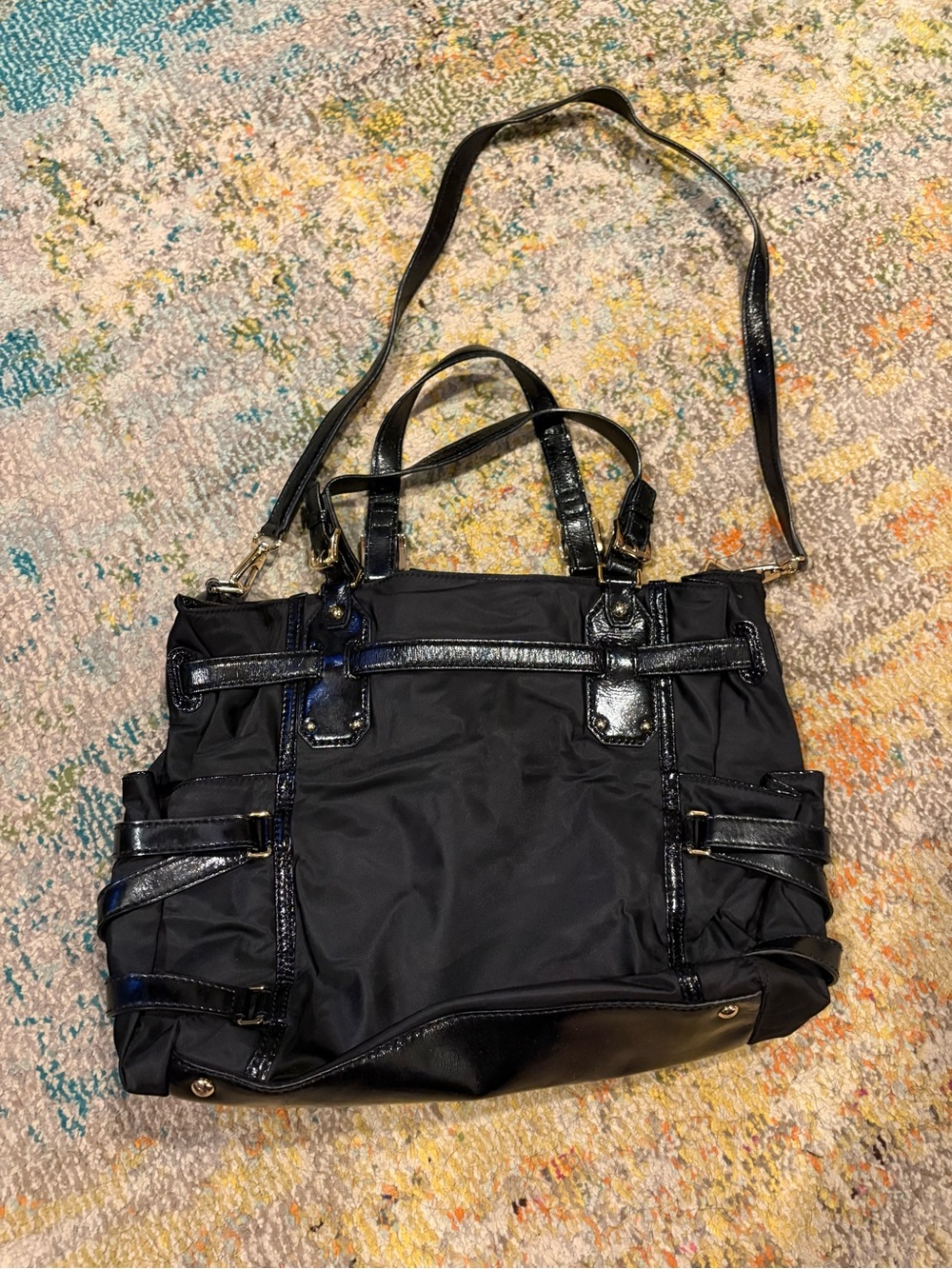 Michael Kors Gandervoort Black Vinyl Tote Leather Purse Carryall GUC Adjustable - Picture 2 of 16